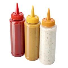 Plastic squeeze bottles with cone tips, filled with ketchup, and clear nozzle