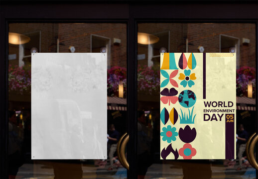 Mockup of A4 sheet glued to the glass of a storefront in Dublin