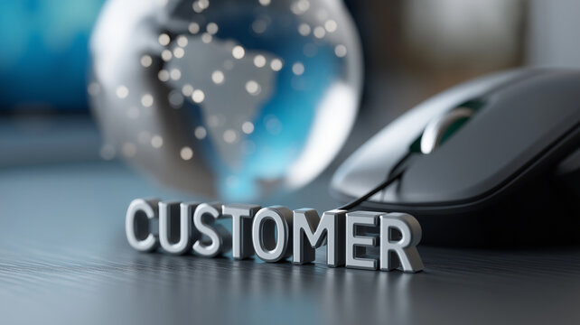 Futuristic corporate illustration showing CUSTOMER in shiny 3D letters linked to glowing mouse, with digital globe and grid background highlighting online interaction, communication, and worldwide bus