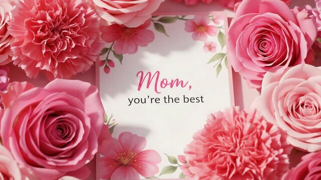 Mothers Day Floral Card: Mom Youre The Best - Pink Roses and Carnations