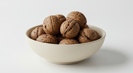 Bowl of Whole Walnuts on a White Background.