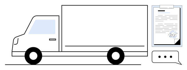 Delivery truck beside a signed document on a clipboard and a conversation icon. Ideal for logistics, transportation, shipping, delivery services, business contracts, communication, and operations