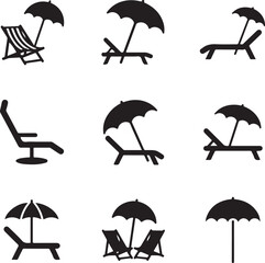 Beach Umbrella and Lounge Chair Icons: A series of black and white silhouette icons depict various beach umbrella and lounge chair, perfect for conveying leisure, vacation, and relaxation concepts. 