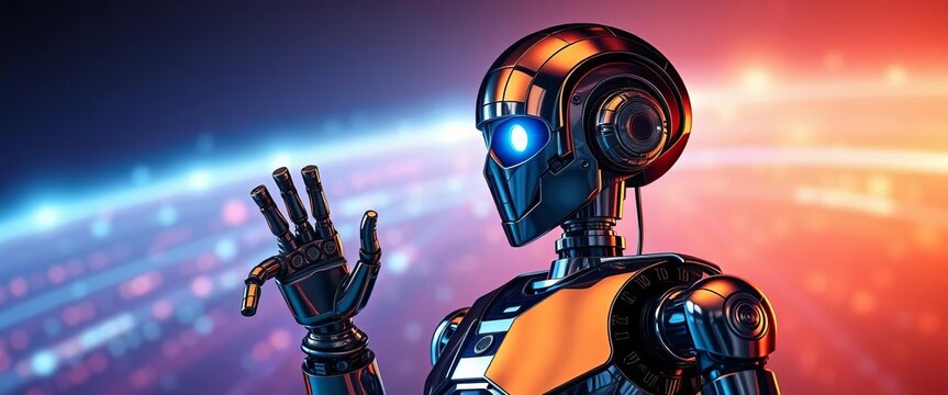 Sleek chrome humanoid robot, advanced sensors, articulated limbs, automation, pose