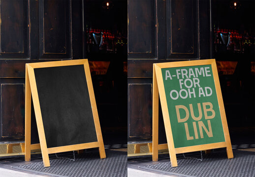 Mockup of Chalkboard A-frame at the entrance of a typical Irish pub