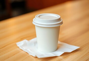 Disposable coffee cup with lid, sitting on a napkin,   close up,  napkin