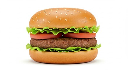 Classic Hamburger with Lettuce and Tomato on a White Background.