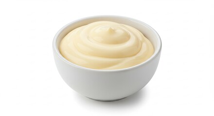 Creamy Mayonnaise in a White Bowl Isolated on White Background.