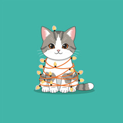 Cute cartoon kitten tangled in Christmas lights.