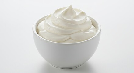 Creamy White Yogurt Swirl in a Simple White Bowl on a White Background.