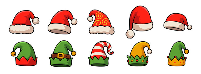 Christmas Santa and Elf Hats Collection Vector Illustration