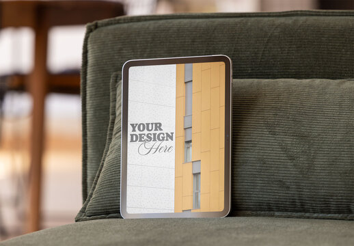Mockup of Tablet Resting on a Green Sofa