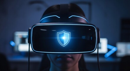 Woman wearing virtual reality headset with security shield icon on screen. Cyber security solution and data protection concept.