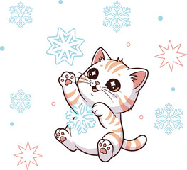 Cute Kitten Playing with Snowflakes.