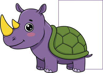 Cartoon rhino turtle hybrid, whimsical animal character, purple rhino with shell, cute fantasy creature, children’s illustration, playful design, smiling face
