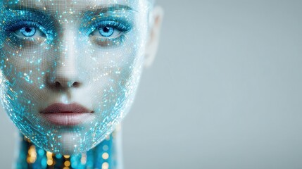 Woman's Face with Blue Grid Overlay and Light Effects