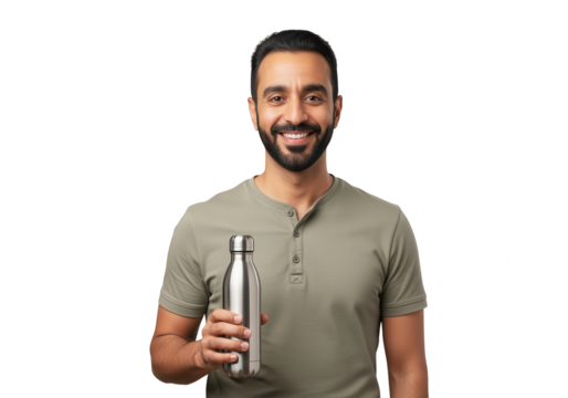 Smiling Man Holding Reusable Water Bottle on White Background
