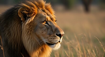 Obraz premium Majestic lion portrait in natural habitat with warm sunlight illuminating fur