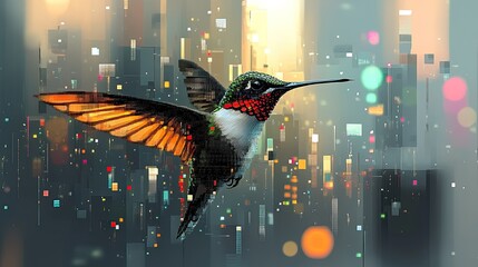 Ultra-realistic cinematic abstract illustration of a vibrant hummingbird in mid-flight, wings spread with dynamic motion, feathers rendered in rich gradients of green, orange, red, and gold, surrounde
