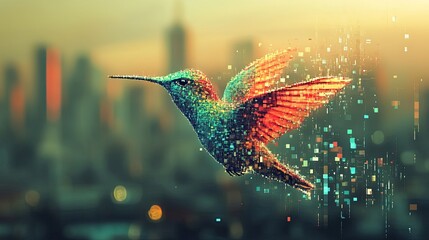 A pixelated hummingbird in flight against a cityscape 