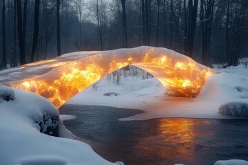 A snow-covered bridge illuminated at night.