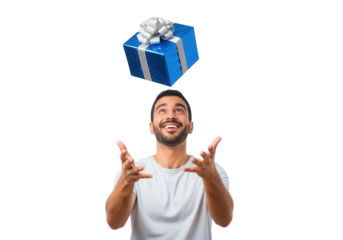 Excited Man Catching Falling Blue Gift Box on White Background