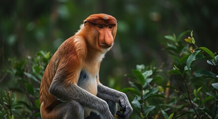 Fototapeta premium Proboscis monkey portrait sitting among lush green foliage natural environment