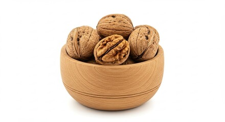 Whole Walnuts in a Wooden Bowl Isolated on White Background.
