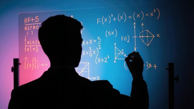 Silhouetted person solving equations on a glass board