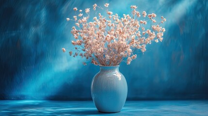 Ultra-realistic cinematic still life photograph of a delicate bouquet of dried flowers arranged in a transparent glass vase, placed against a soft blue textured wall, natural directional light casting