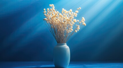 A simple arrangement of dried flowers in a studio vase under blue lighting. 