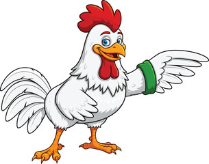 Cartoon rooster character with green wristband, smiling farm animal mascot, vector illustration, colorful poultry design, cheerful educational concept, gesture pose