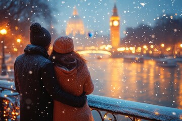 Couple embracing in snow, love evident.