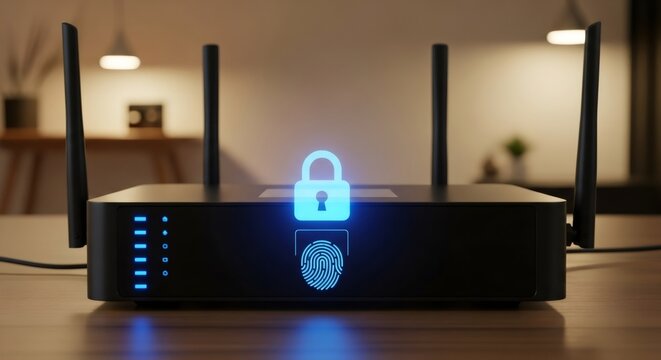 Wifi router with digital lock and fingerprint. Internet security and data protection concept. Cybercrime prevention.