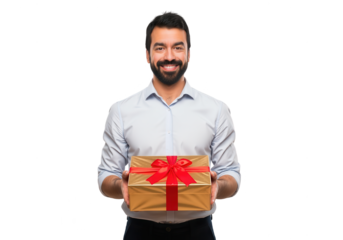 Happy Man Holding Gift Box, Isolated on White Background