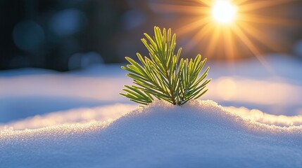 Ultra-realistic cinematic nature photograph of a small green pine branch emerging from fresh white snow, warm golden sunlight glowing softly in the background, shallow depth of field with creamy bokeh