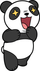 Adorable Cartoon Panda Mascot Character with Closed Eyes Holding a Swirl Pink Lollipop and Making a Peace Sign, Sweet Vector Illustration for Kids and Candy Designs.