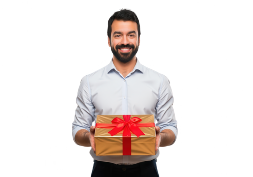 Happy Man Holding Gift Box, Isolated on White Background