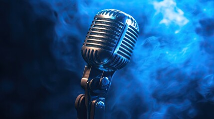 A stage microphone bathed in atmospheric blue lighting.