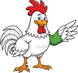 Cartoon rooster character with raised wing, smiling farm animal mascot, vector illustration, colorful poultry design, cheerful educational concept