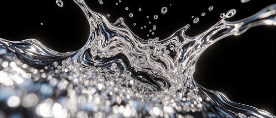 Abstract metallic liquid splash frozen in motion, with reflective surfaces and dynamic fluid shapes.