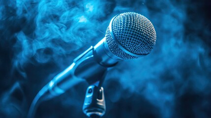 A stage microphone bathed in atmospheric blue lighting.