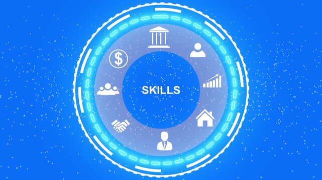 A Skills button on a clear projection, network icon ,Blue holographic advanced HUD circle platform glowing dots digital luxurious wave particles flows background.