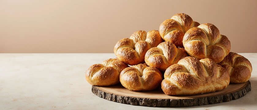 Freshly baked croissants and bread loaves arranged on a rustic wooden board, highlighting texture and golden crusts. - Powered by Adobe