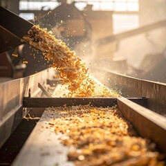 Wood chips flowing from a machine