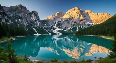 Majestic mountain landscape with lake reflection and blue sky