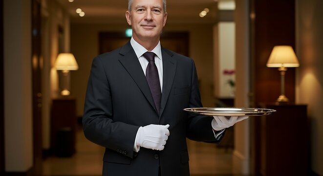 Professional butler holding tray in well lit corridor service concept