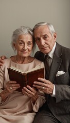 Elderly couple holding photo album and smiling together at home  