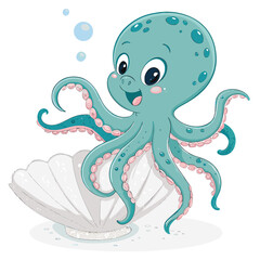 A cute cartoon octopus sits in a giant seashell with bubbles.