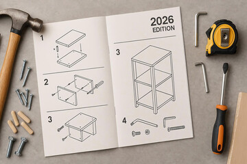 Furniture assembly instruction manual dated 2026 edition home improvement flatlay concrete floor texture DIY renovation concept